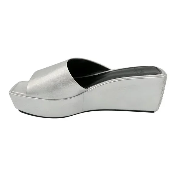 Marc Fisher New YAILYN Platform Slide Sandal Mule Leather Flatforms SILVER Women - Picture 5 of 13